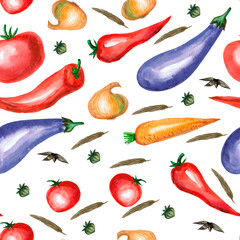Watercolor vegetables and spices on a white background. Seamless pattern is suitable for textiles, wrapping paper and product design for cafe, kitchen, restaurant.