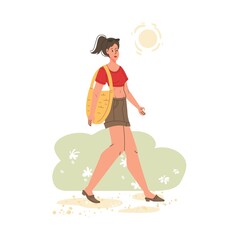 Vector flat cartoon girl character walking outdoor at summer season time - fashion,emotions,healthy lifestyle social concept