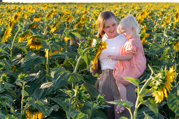Mom and daughter in sunflowers field. Portrait of mom and little child on nature. Tenderness and care