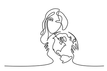 Woman holds globe of Earth in hands. Continuous One line illustration