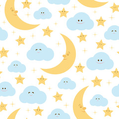 Cute sleeping moon, stars and clouds seamless pattern. Vector Illustration. It can be used for wallpapers, wrapping, cards, patterns for clothes and other.