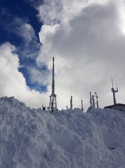 General view of the transmitter tower on a snowy winter day