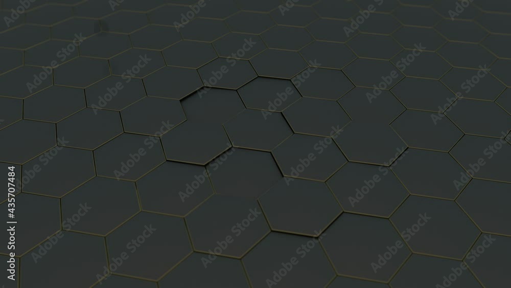 Poster loop 3d animation of the smooth movement of the camera over a black background of hexagons. the hexa