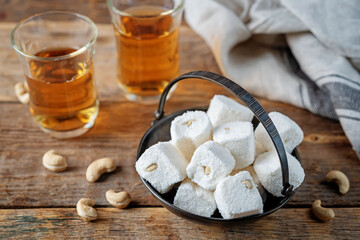Turkish delight, Oriental sweetness with cashews nuts in a bowl