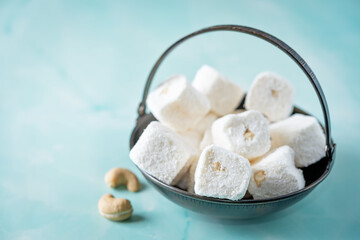 Turkish delight, Oriental sweetness with cashews nuts in a bowl