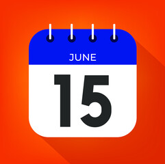 June day 15. Number fifteen on a white paper with blue color border on a orange background vector.