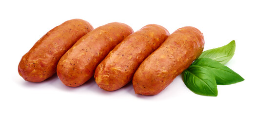 Smoked Breakfast sausages, isolated on white background. High resolution image.
