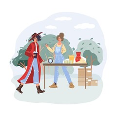 Set of vector cartoon flat characters at garage sale outdoor shopping -social communication,emotions and goods,flea market sales concept