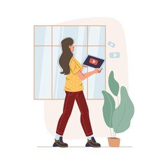 Vector cartoon flat character using mobile gadget tablet smartphone with empty blank screen - online education,social media,internet surfing concept ready to use in web online site design