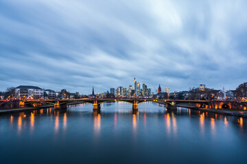 Fototapeta na wymiar Panoramic view of Frankfurt at the blue hour, Germany.