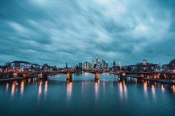 Fototapeta premium Panoramic view of Frankfurt at the blue hour, Germany.