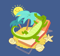 Crocodile sunbathing near palms tree. Smiling crocodile and Sun on summer vacation at sea.