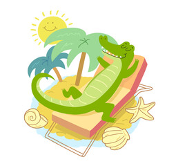 Crocodile sunbathing. Smiling crocodile on summer vacation at sea.