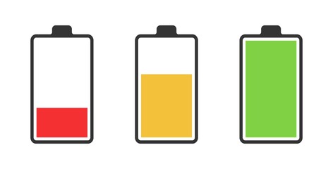 Set of three batteries with low, high and medium charge in flat style. Vector icons.