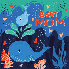 A little whale rides on mom's fountain. Bright vector illustration. Mother's day greeting card.