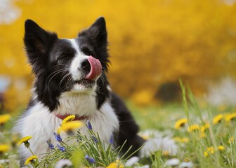 Black and White Border Collie Dog with Tongue Out Lies Down on Meadow with Yellow Flowered Background.