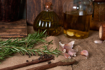 elements to give flavor and color to homemade food such as olive oil, spices and aromatic herbs