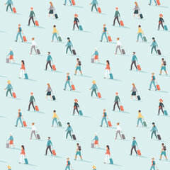Travelers seamless pattern. People going with luggage. Travel and transportation theme © Zubada