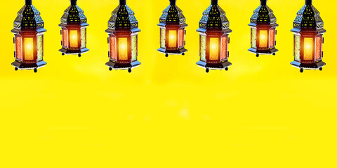 Ornamental Arabic lantern with burning candle glowing. Festive greeting card. Invitation for Muslim holy month or christmas, halloween holidays