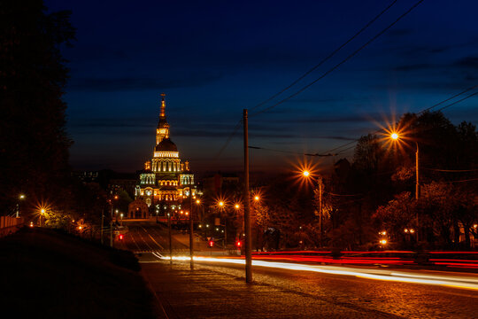 View of illuminated Annunciation cathedral at night in Kharkov, Ukraine © olyasolodenko