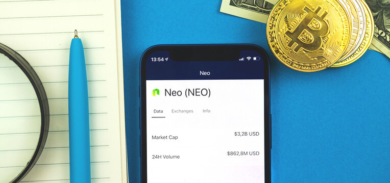 NEO crypto currency logo and symbol on the screen of modern mobile phone, business finance banner background photo