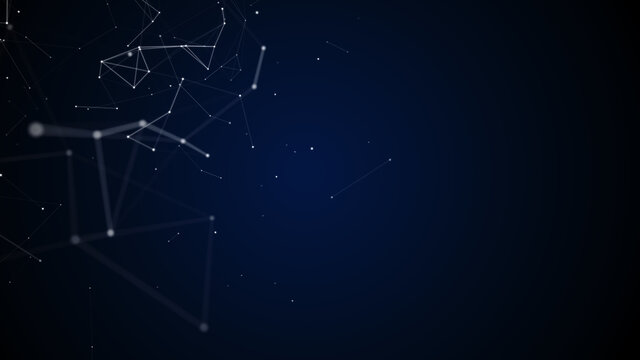 Abstract connected dots and lines on black background. Communication and technology network concept with moving lines and dots