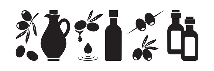 Olive vector icon, oil bottle . Mediterranean olive fruits, leaf branch, black silhouettes isolated on white background. Food illustration