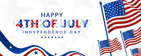Happy 4th of July united states of America independence day with colorful lettering engraved stars, and confetti design on waving American flag on the banner background - obrazy, fototapety, plakaty