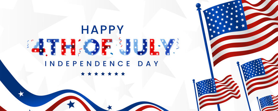 Happy 4th of July united states of America independence day with colorful lettering engraved stars, and confetti design on waving American flag on the banner background