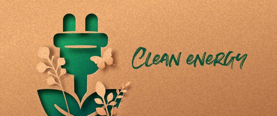 Clean energy green nature paper cut banner concept - obrazy, fototapety, plakaty