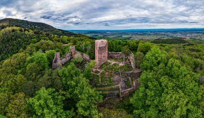 Fototapeta na wymiar Medieval Castle Landsberg in Vosges, Alsace. Aerial view of the castle ruins, filmed from a drone.