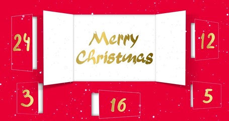 Christmas advent calendar door opening. On Christmas day an open wide doors, falling snowflakes on red background. Animation festive Christmas illustration. 4K video graphic animation