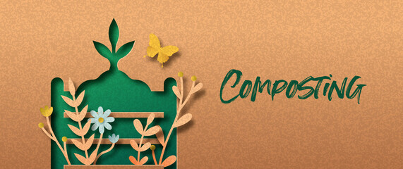 Composting green papercut nature concept banner