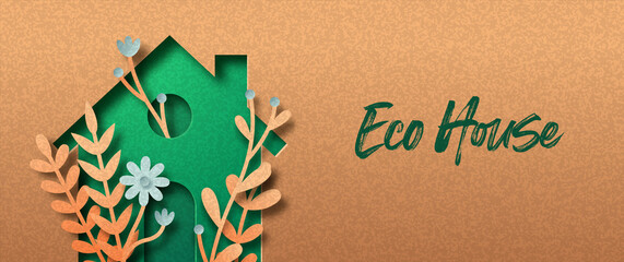 Green eco house paper cut nature concept banner