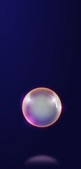 illustration of ball, sphere, pearl. Radiance and light emanate from the sphere. The background is blue. Below is a reflection from the sphere. The main colors are blue and pearlescent