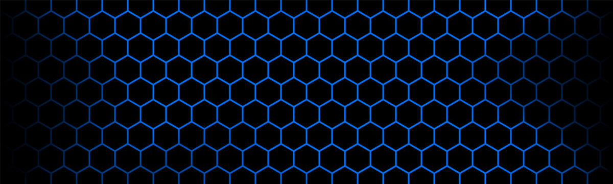 Dark modern technology banner with blue hexagon mesh. Abstract metal geometric texture header. Simple vector illustration background