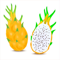 Delicious tropical fruits Pitaya for healthy lifestyle. Yellow dragon fruit with white flesh, whole fruit and half. Raster realistic illustration isolated on white.