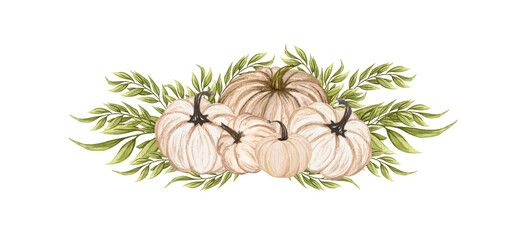 Watercolor white pumpkin composition, floral pumpkins, Halloween clip art, autumn design elements, fall arrangement, Harvest clip art isolated on white background.