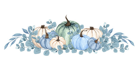 Watercolor blue pumpkin composition, floral pumpkins, Halloween clip art, autumn design elements, fall arrangement, Harvest clip art isolated on white background - obrazy, fototapety, plakaty