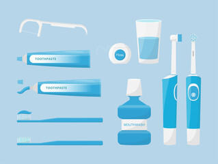 Fototapeta na wymiar Oral and teeth care. Set of dental cleaning tools. Toothbrush, electric toothbrush, and toothpaste, mouthwash, dental floss isolated. Dental hygiene. Flat style vector illustration.