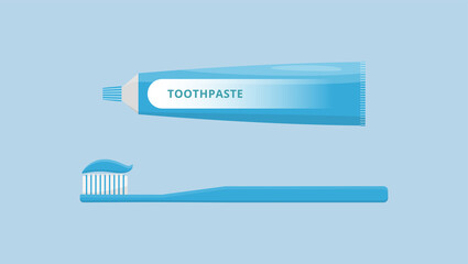Oral and teeth care. Toothbrush and toothpaste isolated on blue background. Dental hygiene. Flat style vector illustration.