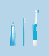 Oral and teeth care. Toothbrush, electric toothbrush, and toothpaste isolated on blue background. Dental hygiene. Flat style vector illustration.