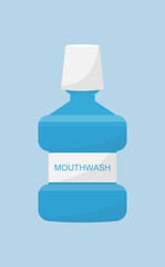 Oral and teeth care. Mouthwash isolated on blue background. Dental hygiene. Flat style vector illustration.