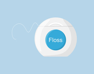 Oral and teeth care. Floss isolated on blue background. Dental hygiene. Flat style vector illustration.