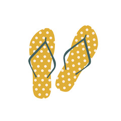 Yellow flip-flops with light polka dots with a green partition. Slippers isolated on white. Design element, printing on T-shirts, pillow decor, travel and leisure paraphernalia.