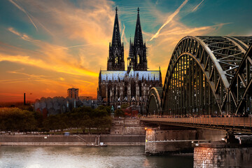 Cologne Panoramic View with Hohenzollern Bridge over Rhine River