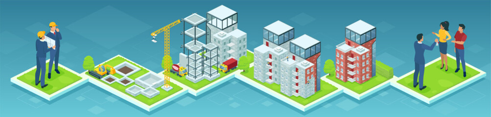 Vector of a building process of a high-rise condo from engineer planning to customer presentation