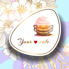 Gold frame. Offer banner vectors. Plants line gold. 3D paper cutout. Signboard with a cup for a cafe. Bright background. Vector illustration.