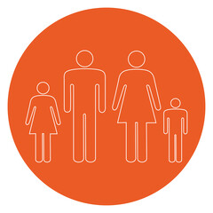 Family outline vector illustration icon on an orange circular background.Flat icon for apps and website.