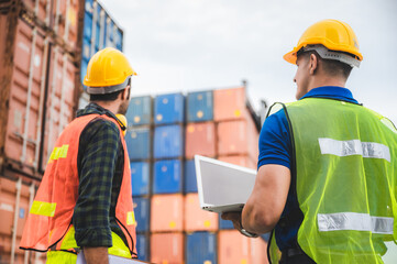 logistic worker teamwork and partner of foreman, engineer, and businessman working in an...